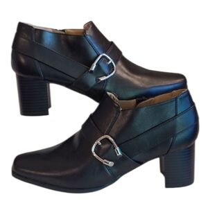 Abella True Comfort Sonnet Faux Leather Square Chunky Heel Boots Buckle Detail